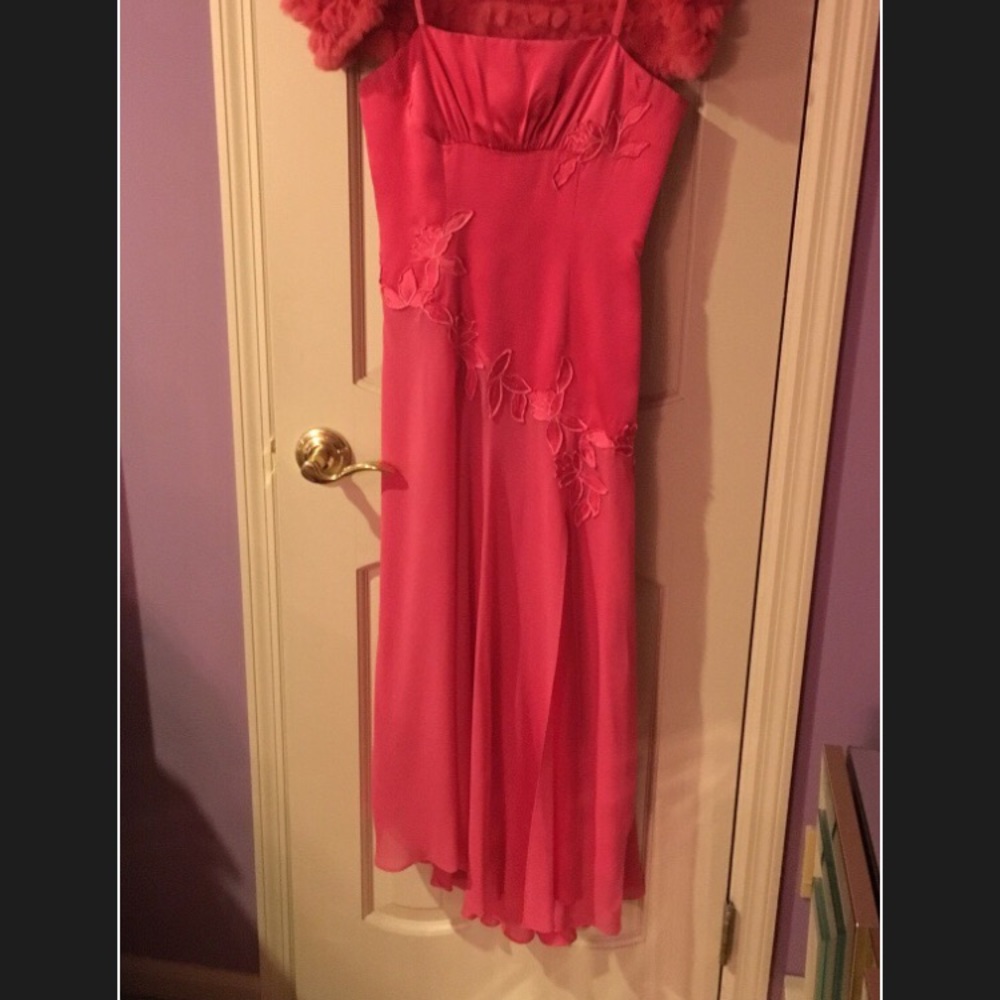 BCBG Asymmetrical Coral Dress with Faux Fur jacket
